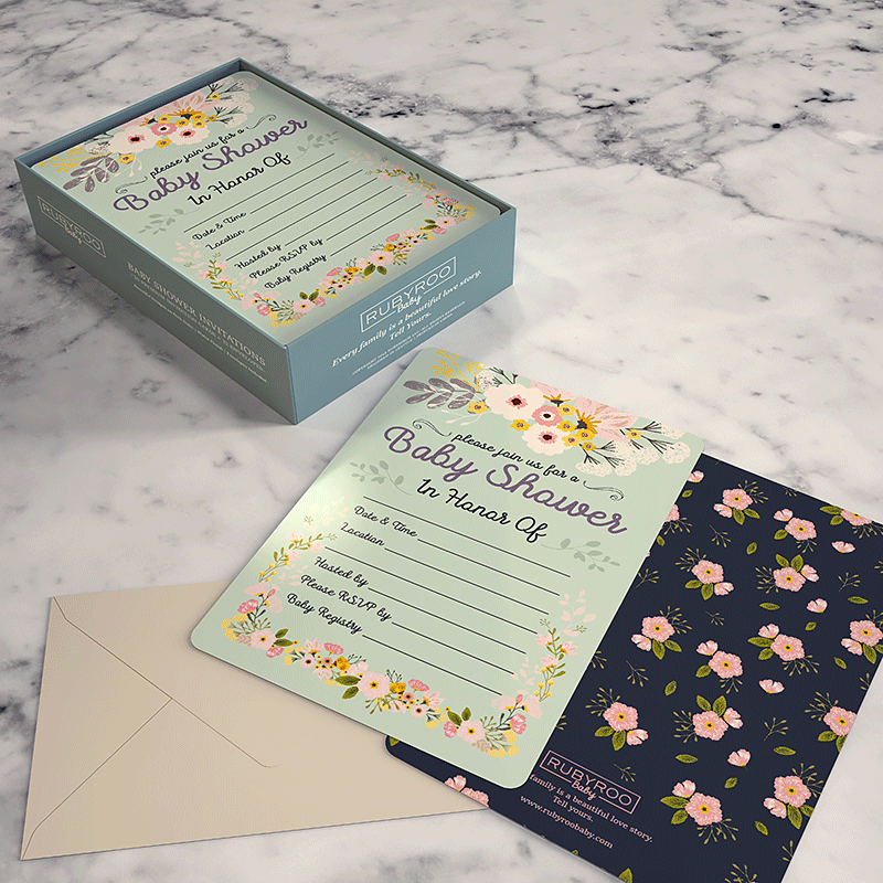 Baby Shower & Sprinkle Invitations | 30 Invite Cards & Envelopes | Pink Floral | RubyRoo Baby - Baby Memory and Milestone Journals, Blankets and Stickers