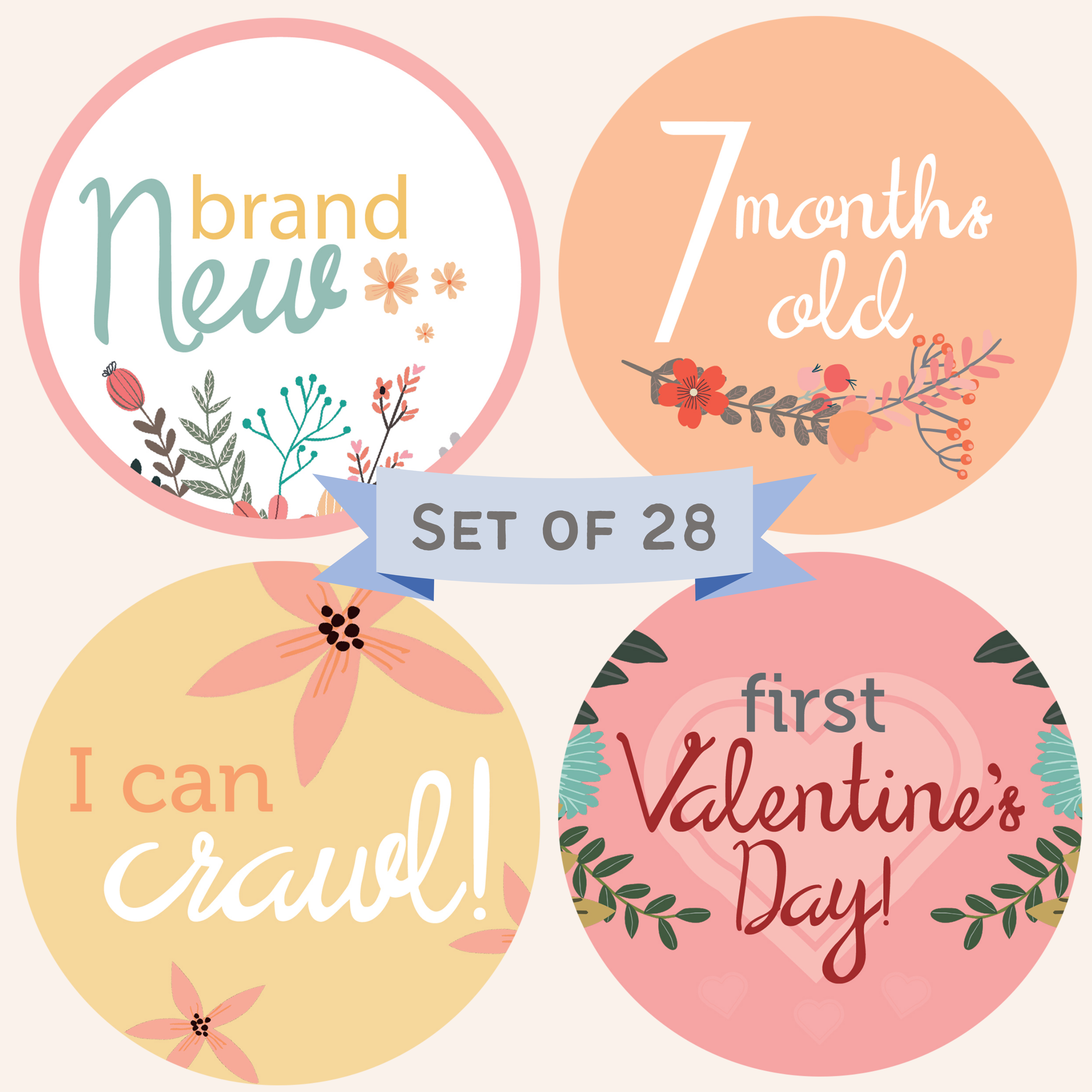 Baby Month and Milestone Stickers, Set of 28 - Floral