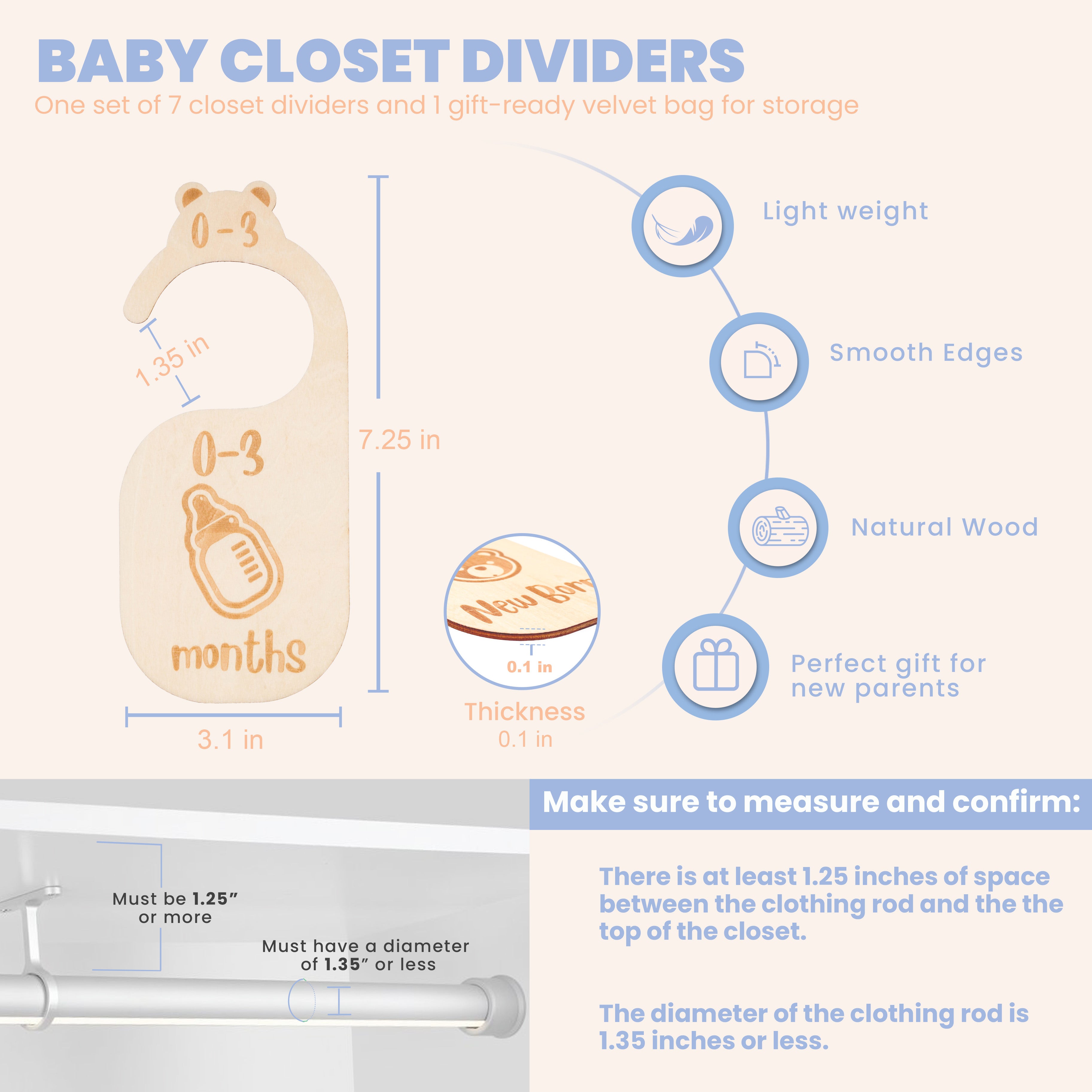 Baby Closet Dividers for Clothes Organizer - Set of 7 Adorable Wooden  Double-Sided Baby Clothes Size Hanger Organizer from Newborn to 24 Months  for