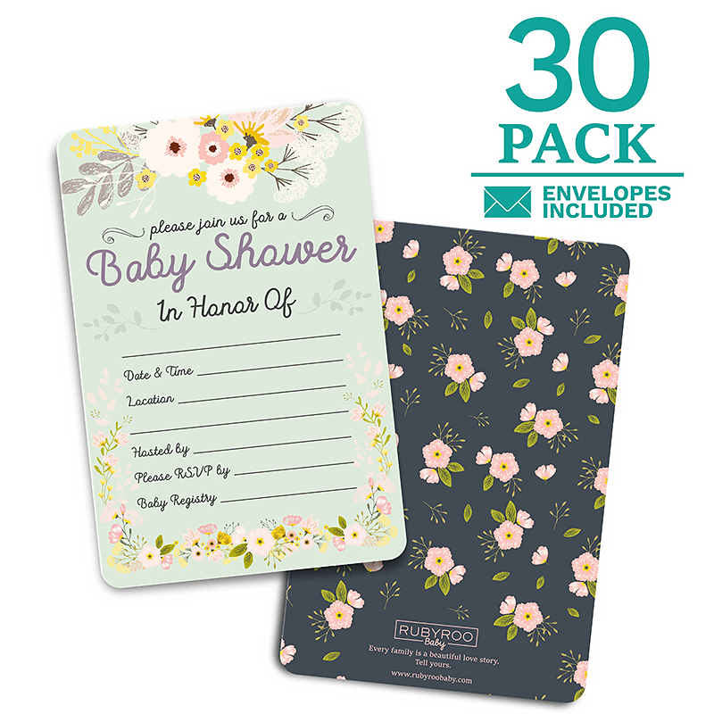 Baby Shower & Sprinkle Invitations | 30 Invite Cards & Envelopes | Pink Floral | RubyRoo Baby - Baby Memory and Milestone Journals, Blankets and Stickers